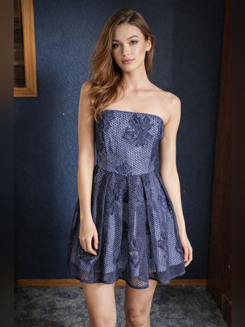 Greylin Anthropologie Navy Blue Floral Strapless Dress size medium